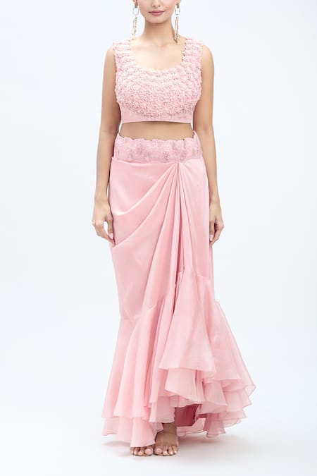 Minaxi Dadoo_Pink Silk Sequins, Embroidery Round Neck Flower Cape Ruffled Skirt Set _Online_at_Aza_Fashions