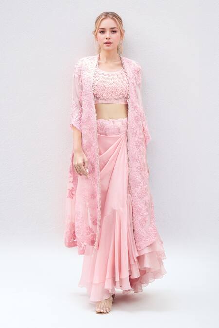 Shop_Minaxi Dadoo_Pink Silk Sequins, Embroidery Round Neck Flower Cape Ruffled Skirt Set 