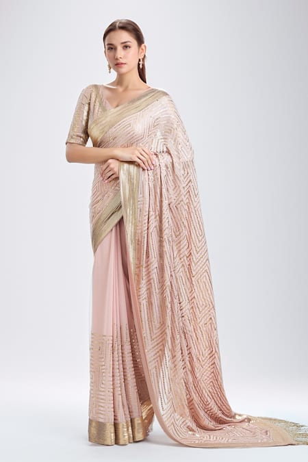 Nakul Sen Pink Chiffon Embellished Sequins V Neck Geometric Work Saree With Blouse 