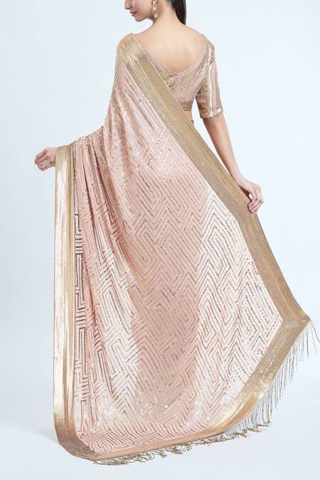 Shop Nakul Sen Pink Chiffon Sequins, Cut Work V-neck Geometric Saree With Blouse at Aza Fashions Shop_Nakul Sen_Pink Chiffon Sequins, Cut Work V-neck Geometric Saree With Blouse_at_Aza_Fashions