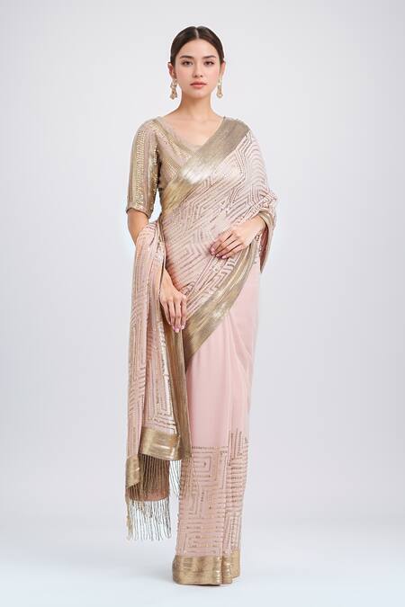 Buy Nakul Sen Pink Chiffon Sequins, Cut Work V-neck Geometric Saree With Blouse Online at Aza Fashions Buy_Nakul Sen_Pink Chiffon Sequins, Cut Work V-neck Geometric Saree With Blouse_Online_at_Aza_Fashions