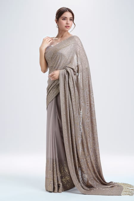 Nakul Sen Grey 100% Silk Chiffon Embellished Work Saree With Unstitched Blouse Piece 