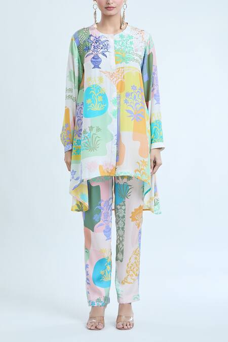 Buy_Pankaj & Nidhi_Multi Color Silk, Crepe Embroidery, Sequins Round Neck Arch Floral Pattern Tunic _Online_at_Aza_Fashions