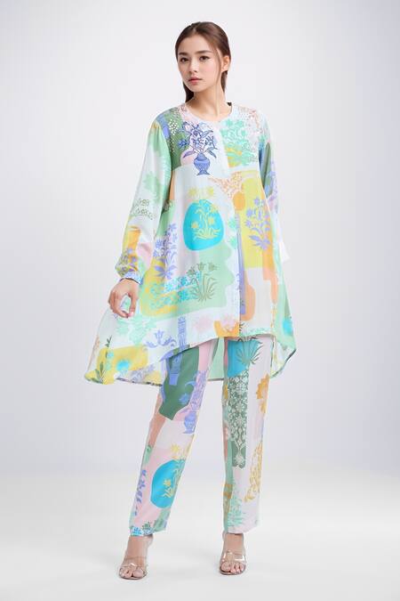 Pankaj & Nidhi_Multi Color Silk, Crepe Embroidery, Sequins Round Neck Arch Floral Pattern Tunic _Online_at_Aza_Fashions