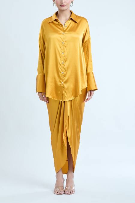 Buy_Shweta Kapoor_Yellow Silk Satin, Polyester Stones Collared Shirt _Online_at_Aza_Fashions