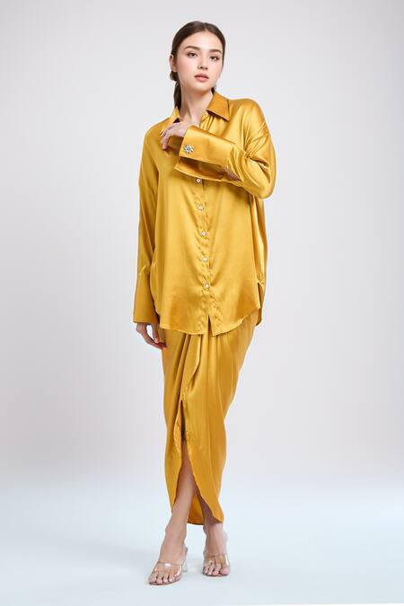 Shweta Kapoor_Yellow Silk Satin, Polyester Stones Collared Shirt _Online_at_Aza_Fashions