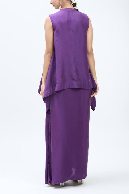 Shop_Minaxi Dadoo_Purple Silk, Organza Embroidery Round Neck Butterfly Cape And Draped Skirt Set _Online_at_Aza_Fashions