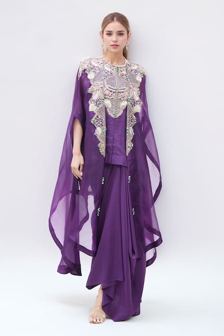 Minaxi Dadoo_Purple Silk, Organza Embroidery Round Neck Butterfly Cape And Draped Skirt Set _Online_at_Aza_Fashions