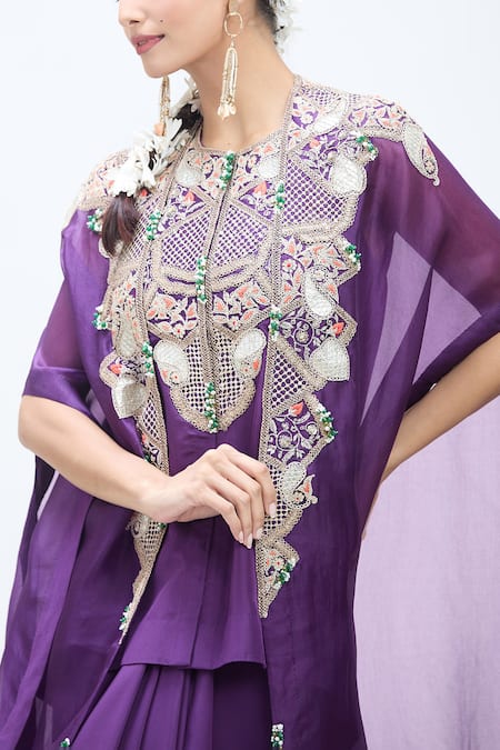 Buy_Minaxi Dadoo_Purple Silk, Organza Embroidery Round Neck Butterfly Cape And Draped Skirt Set 