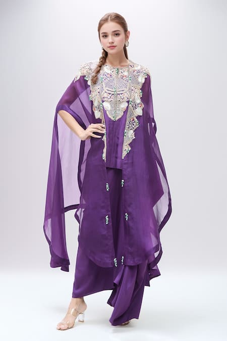 MINAXI DADOO Embroidered Butterfly Cape & Draped Skirt Set 