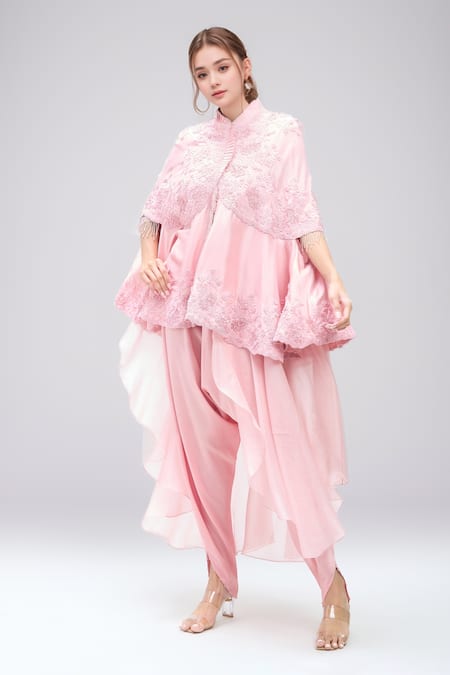 MINAXI DADOO Pink Dupion Embroidered Floral Pleated Stand Collar Ariya Cape And Harem Pant Set 