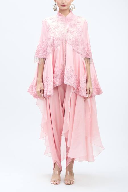 Buy_Minaxi Dadoo_Pink Silk Embroidered Ariya Cape And Harem Pant Set _Online_at_Aza_Fashions