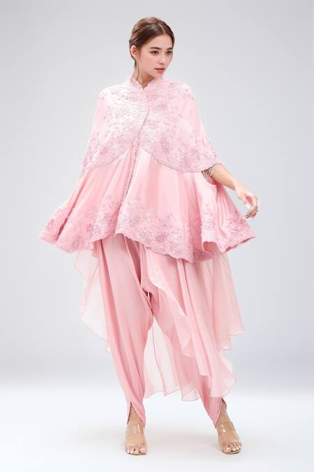 Minaxi Dadoo_Pink Silk Embroidered Ariya Cape And Harem Pant Set _Online_at_Aza_Fashions