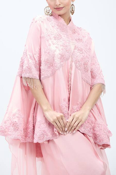 Minaxi Dadoo_Pink Silk Embroidered Ariya Cape And Harem Pant Set _at_Aza_Fashions