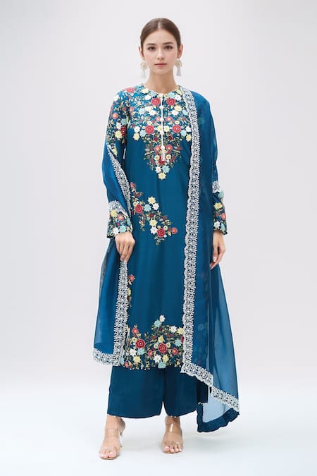 MINAXI DADOO 3D Flower Embroidered Straight Kurta Set 