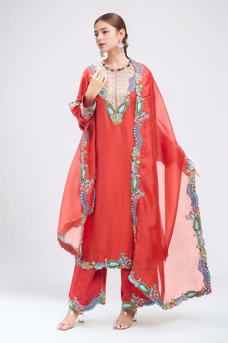 MINAXI DADOO Embroidered Straight Kurta Palazzo Set 