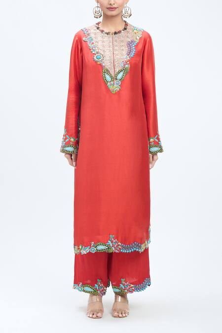 Buy_Minaxi Dadoo_Orange Silk, Organza Embroidery, Sequins Collared Straight Kurta Palazzo Set _Online_at_Aza_Fashions