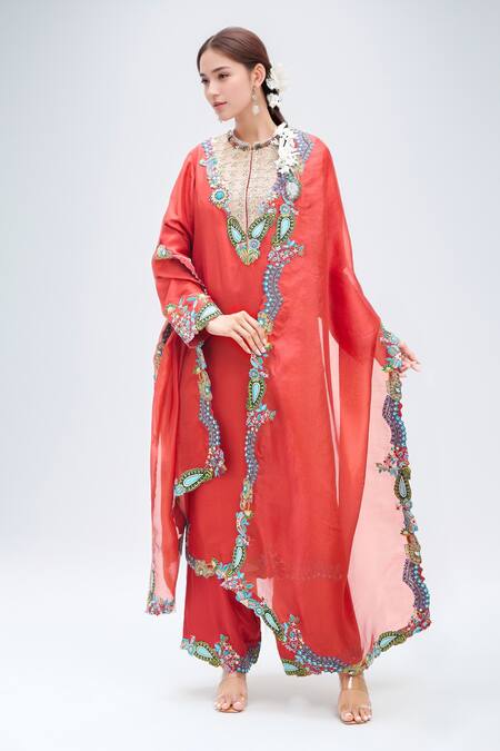 Minaxi Dadoo_Orange Silk, Organza Embroidery, Sequins Collared Straight Kurta Palazzo Set _Online_at_Aza_Fashions