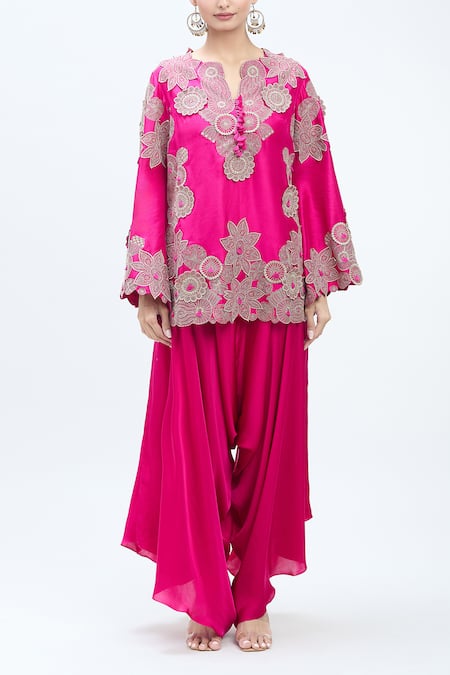 Buy_Minaxi Dadoo_Pink Silk, Organza Embroidery Split V-neck Short Kurta Draped Pant Set _Online_at_Aza_Fashions