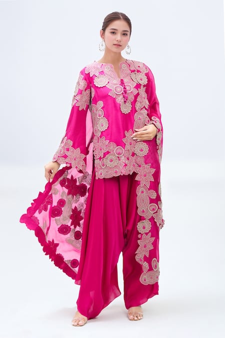 Minaxi Dadoo_Pink Silk, Organza Embroidery Split V-neck Short Kurta Draped Pant Set _Online_at_Aza_Fashions
