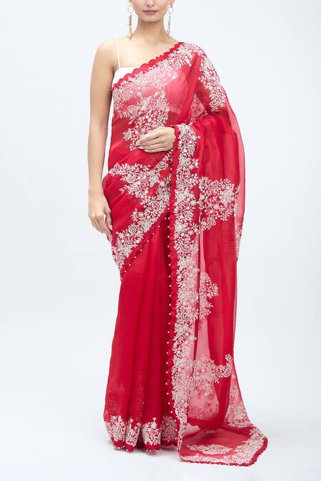Buy_Minaxi Dadoo_Red Silk Embroidery Chikankari Saree With Unstitched Blouse Piece_Online_at_Aza_Fashions