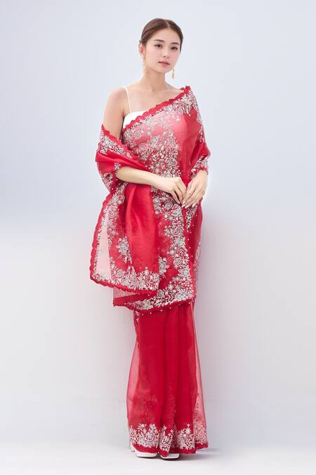 Minaxi Dadoo_Red Silk Embroidery Chikankari Saree With Unstitched Blouse Piece_Online_at_Aza_Fashions