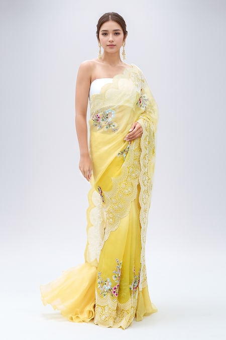 MINAXI DADOO Yellow Organa Scalloped Pearl Work Saree With Unstitched Blouse Piece 