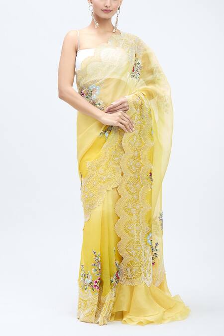 Buy_Minaxi Dadoo_Yellow Organza Pearls, Scalloped Work Saree With Unstitched Blouse Piece_Online_at_Aza_Fashions