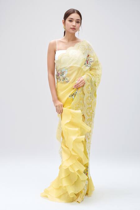 Minaxi Dadoo_Yellow Organza Pearls, Scalloped Work Saree With Unstitched Blouse Piece_Online_at_Aza_Fashions