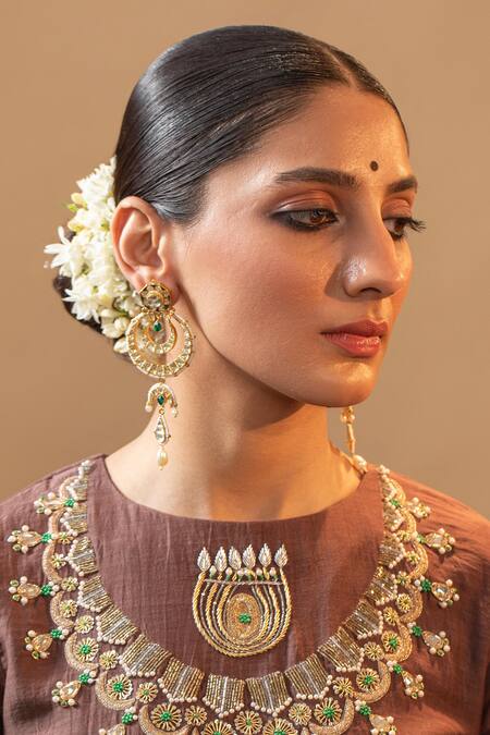 MAISARA JEWELRY_Green Diamonds, Pearls Embellished Kundan Layered Chandbalis _Online_at_Aza_Fashions