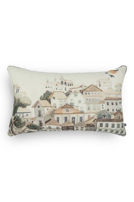 Onset Homes Off White Front 55% Linen, 45% Nagari Cityscape Print Cushion Cover - Set 2 Online at Aza Fashions Onset Homes_Off White Front 55% Linen, 45% Nagari Cityscape Print Cushion Cover - Set 2_Online_at_Aza_Fashions