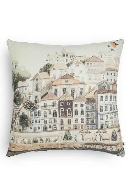 Onset Homes Off White Front 55% Linen Nagari Cityscape Print Cushion Cover - Set 2 