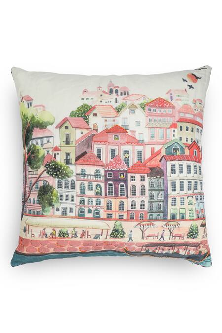 Onset Homes_Pink Front 55% Linen, 45% Cotton Nagari Printed Cushion Cover - Set Of 2_Online_at_Aza_Fashions