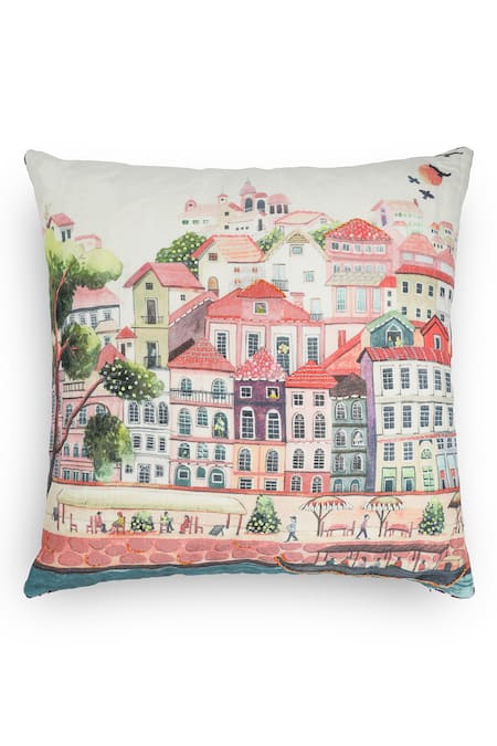 Onset Homes Pink Front 55% Linen Nagari Building Print Cushion Cover - Set Of 2 