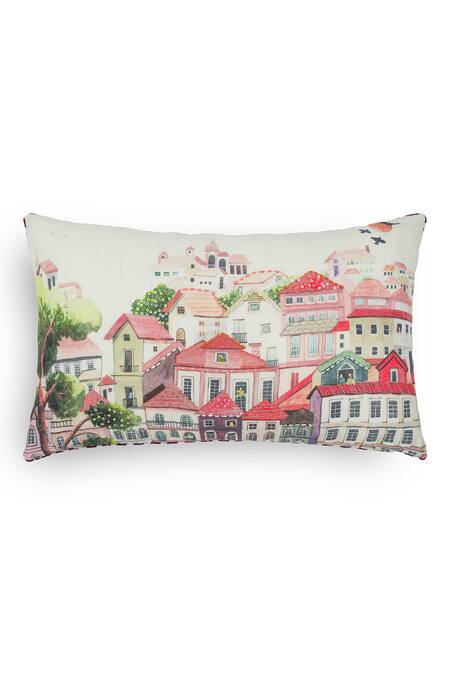 Shop Onset Homes Pink Front 55% Linen, 45% Cotton Nagari Building Print Cushion Cover - Set Of 2 at Aza Fashions Shop_Onset Homes_Pink Front 55% Linen, 45% Cotton Nagari Building Print Cushion Cover - Set Of 2_at_Aza_Fashions