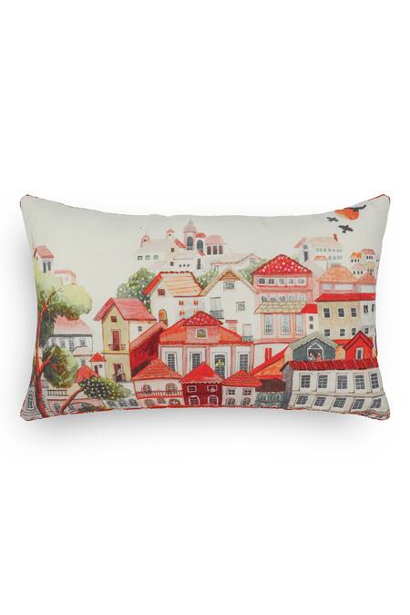 Onset Homes_Orange Front 55% Linen, 45% Nagari Architectural Print Cushion Cover - Set Of 2_Online_at_Aza_Fashions