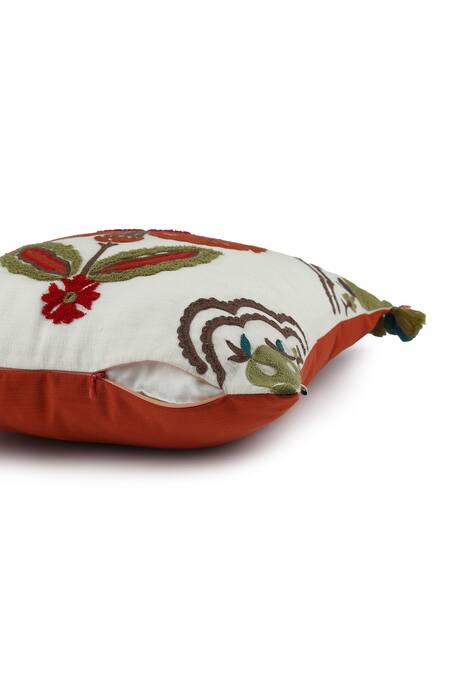 Onset Homes_Orange 10% Viscose, 86% Saubhagya Floral Embroidered Cushion Cover - Set Of 2_Online_at_Aza_Fashions