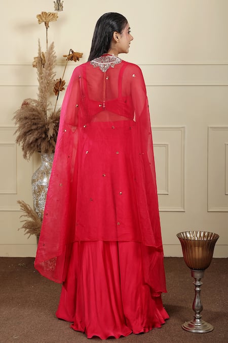 Shop Lasha Pink Crepe, Organza Pearls, Sequins Open Ambrosia Embroidered Cape Lehenga Set at Aza Fashions Shop_Lasha_Pink Crepe, Organza Pearls, Sequins Open Ambrosia Embroidered Cape Lehenga Set _at_Aza_Fashions
