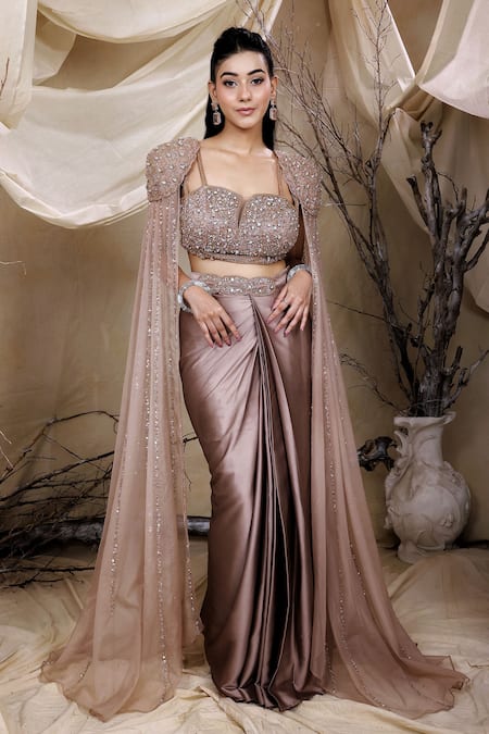 Lasha Beige Italian Satin Embroidery Stardust Power Shoulder Cape Draped Skirt Set 