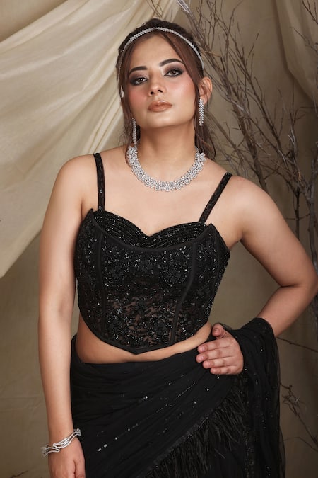 Buy_Lasha_Black Tulle, Crepe Ruffle Layered Lehenga And Musk Embroidered Corset Blouse Set _Online_at_Aza_Fashions