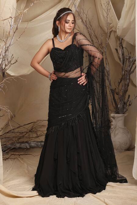Shop_Lasha_Black Tulle, Crepe Ruffle Layered Lehenga And Musk Embroidered Corset Blouse Set _Online_at_Aza_Fashions
