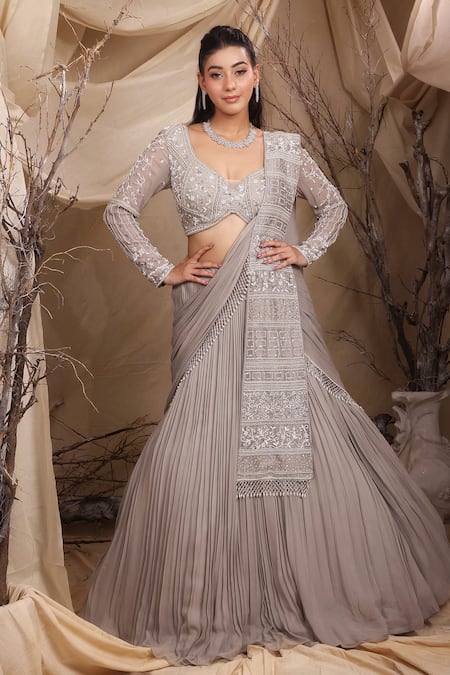 Lasha Grey Georgette Embroidery Cutdana Accordion Pleated Lehenga And Bahar Blouse Set 