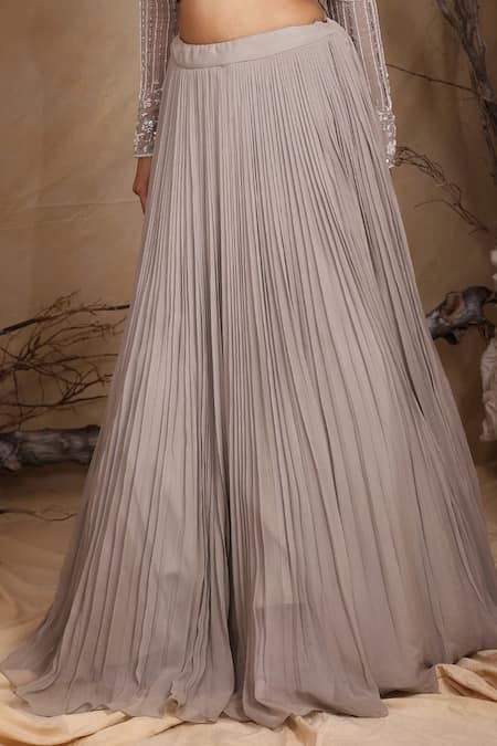 Lasha_Grey Organza, Georgette Accordion Pleated Lehenga And Bahar Embroidered Blouse Set _Online_at_Aza_Fashions
