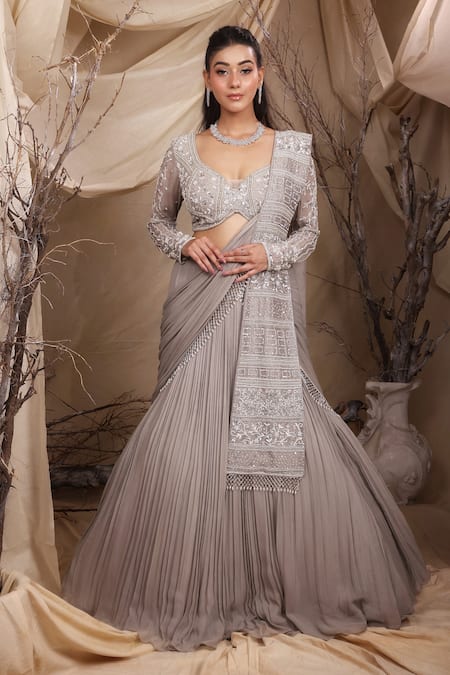Lasha_Grey Organza, Georgette Accordion Pleated Lehenga And Bahar Embroidered Blouse Set _at_Aza_Fashions