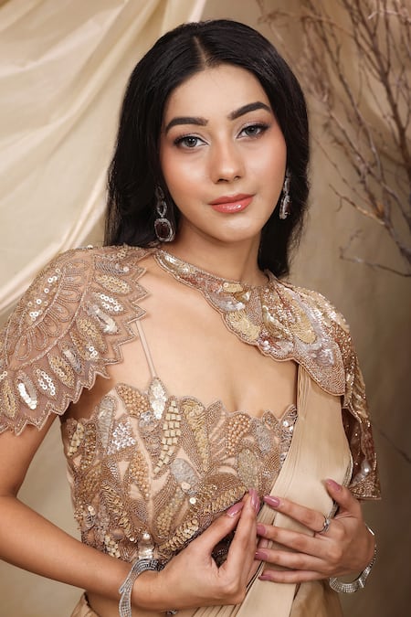 Buy Lasha Gold Tulle, Silk, Satin Pearls, Sequins, Ray Embellished Pre-draped Saree Set Online at Aza Fashions Buy_Lasha_Gold Tulle, Silk, Satin Pearls, Sequins, Ray Embellished Pre-draped Saree Set _Online_at_Aza_Fashions