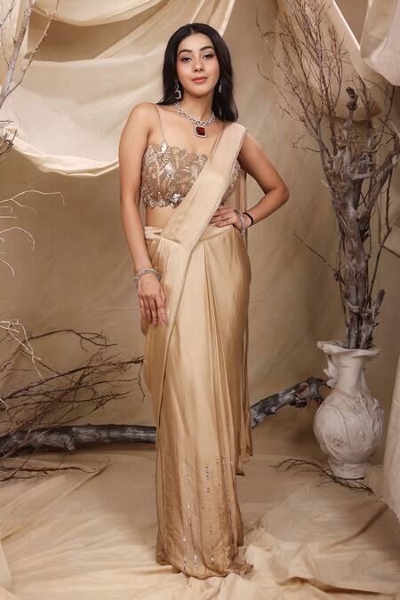 Lasha Gold Tulle, Silk, Satin Pearls, Sequins, Ray Embellished Pre-draped Saree Set at Aza Fashions Lasha_Gold Tulle, Silk, Satin Pearls, Sequins, Ray Embellished Pre-draped Saree Set _at_Aza_Fashions