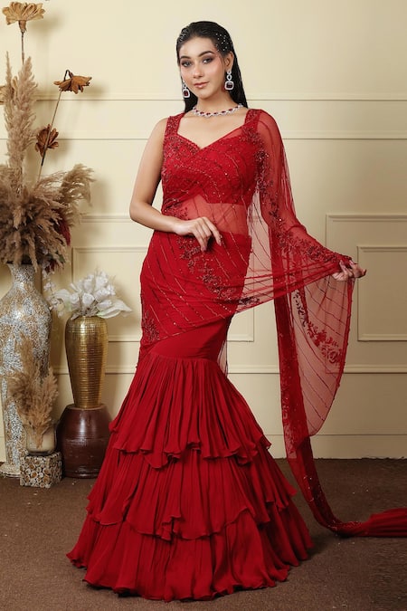 Buy_Lasha_Red Tulle, Georgette Sequins, Beads, Zari Ruffle Layered Lehenga Blouse Set _Online_at_Aza_Fashions