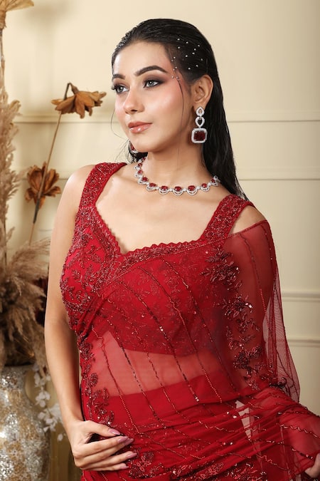 Shop_Lasha_Red Tulle, Georgette Sequins, Beads, Zari Ruffle Layered Lehenga Blouse Set _Online_at_Aza_Fashions