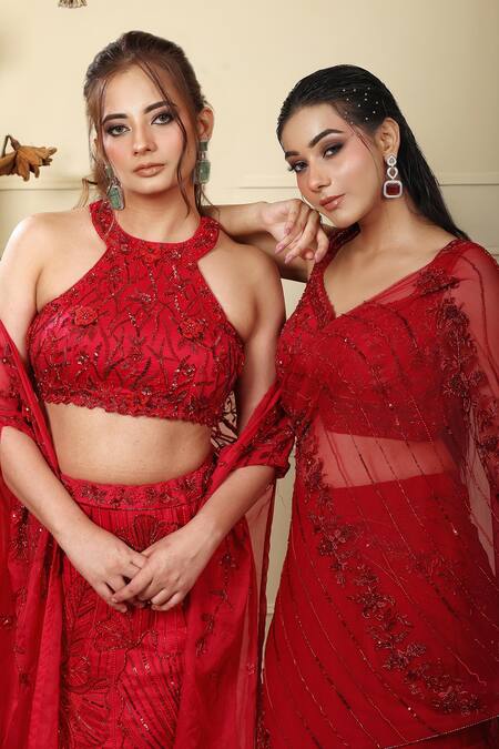 Lasha_Red Tulle, Georgette Sequins, Beads, Zari Ruffle Layered Lehenga Blouse Set _at_Aza_Fashions