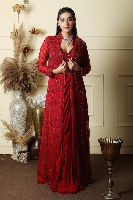 Lasha Gul Embroidered Pre-Draped Saree Set 